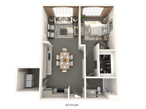 A 3D floor plan of a small apartment with a kitchen, living room, and bathroom.